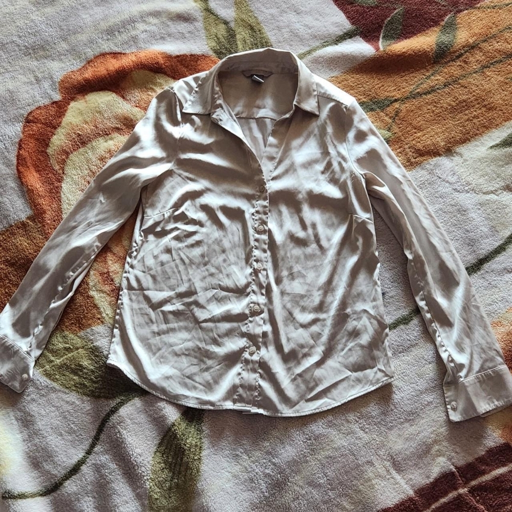 beige satin button up shirt blouse